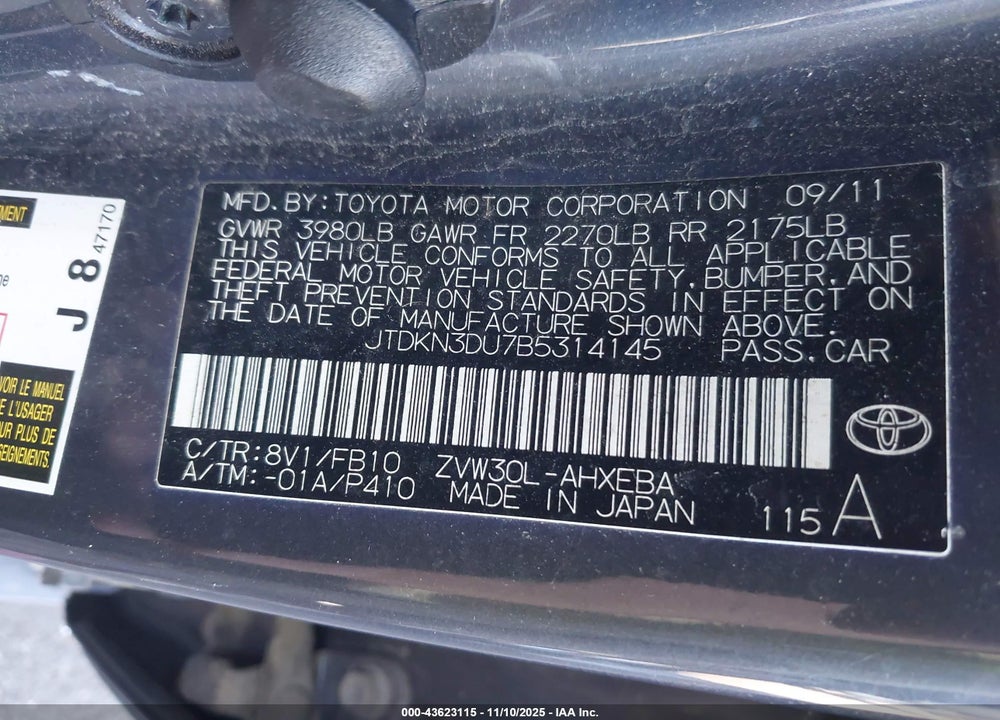2011 TOYOTA PRIUS VIN: JTDKN3DU7B5314145