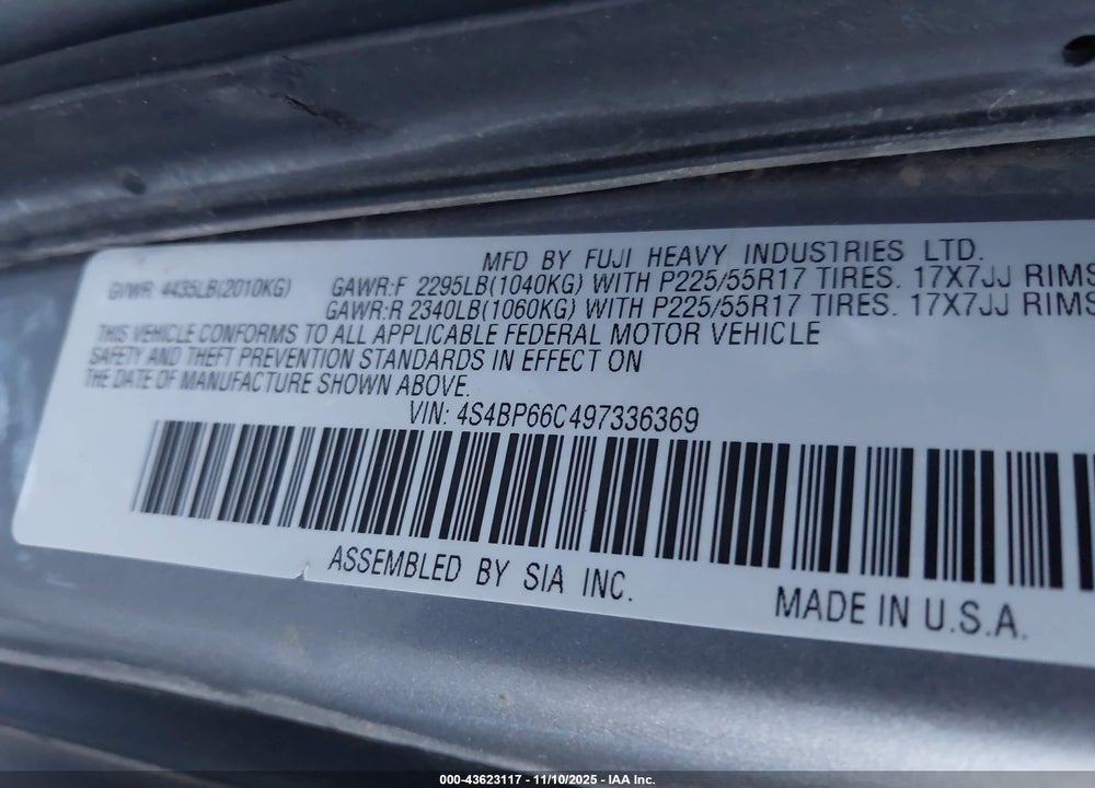 2009 SUBARU OUTBACK VIN: 4S4BP66C497336369