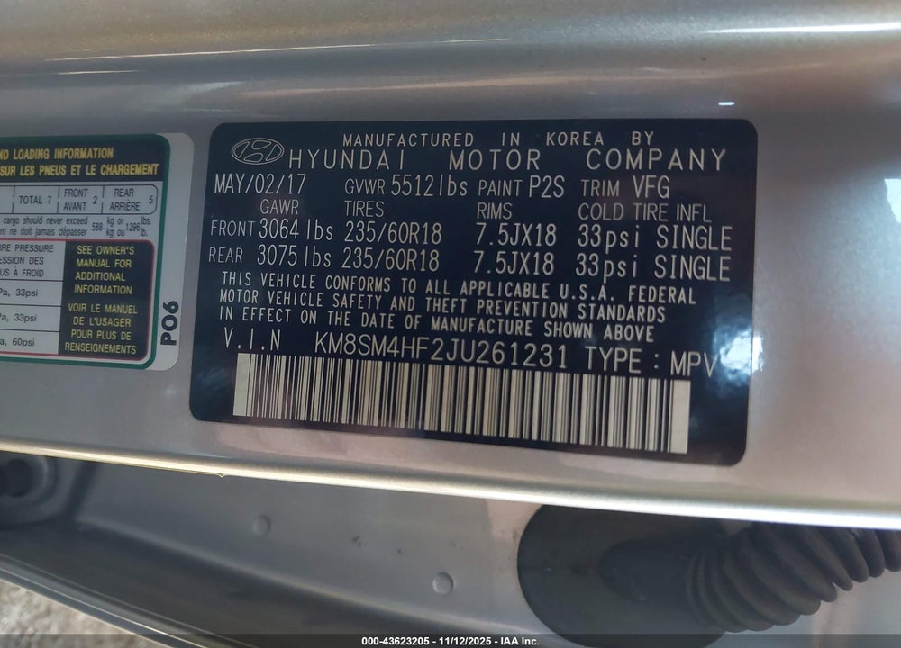 2018 HYUNDAI SANTA FE SE VIN: KM8SM4HF2JU261231