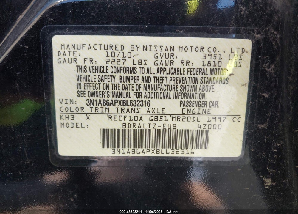 2011 NISSAN SENTRA 2.0SR VIN: 3N1AB6APXBL632316