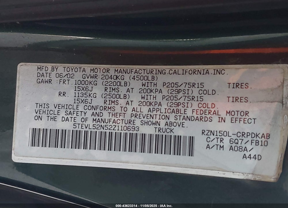 2002 TOYOTA TACOMA VIN: 5TEVL52N52Z110693
