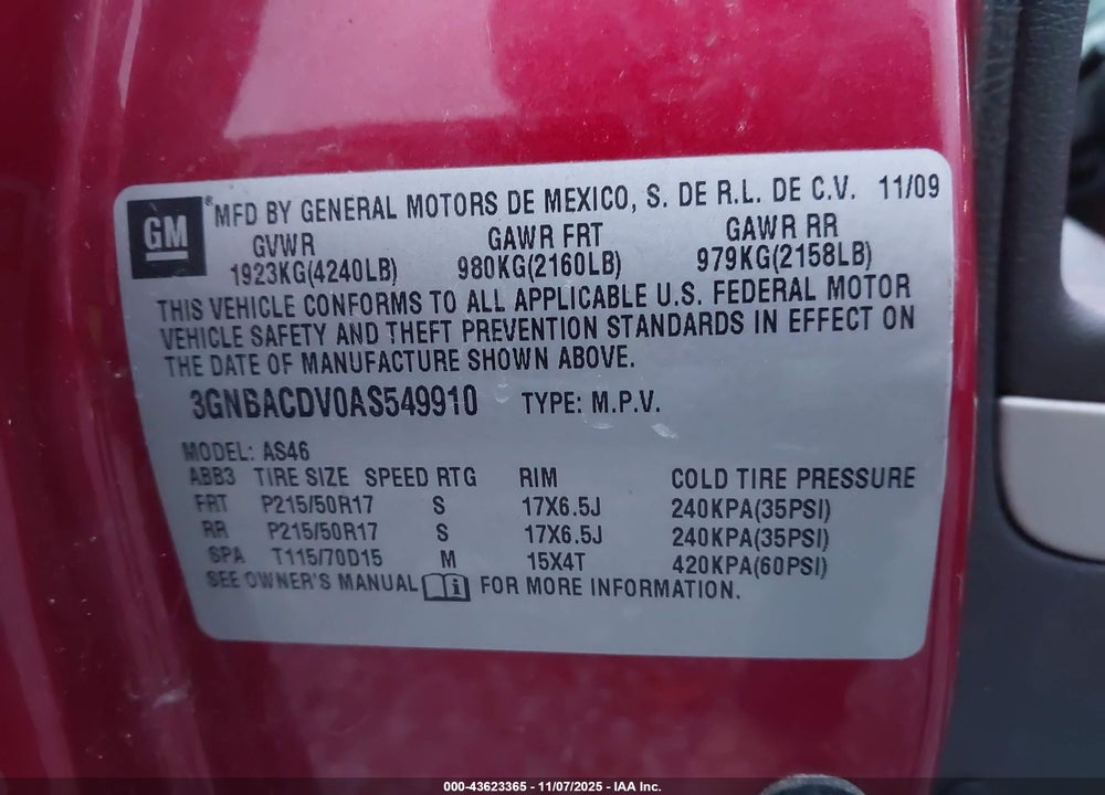 2010 CHEVROLET HHR VIN: 3GNBACDV0AS549910