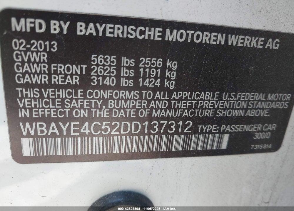 2013 BMW 740LI VIN: WBAYE4C52DD137312