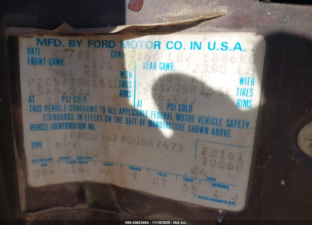 1986 FORD BRONCO II VIN: 1FMCU14T7GUB87473
