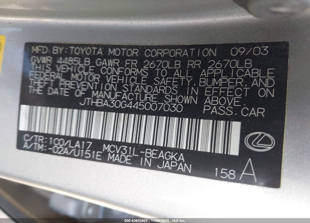 2004 LEXUS ES 330 VIN: JTHBA30G445007030