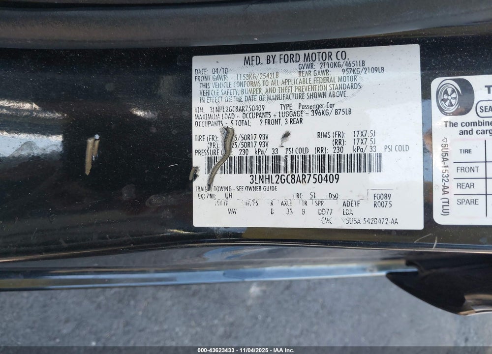2010 LINCOLN MKZ VIN: 3LNHL2GC8AR750409