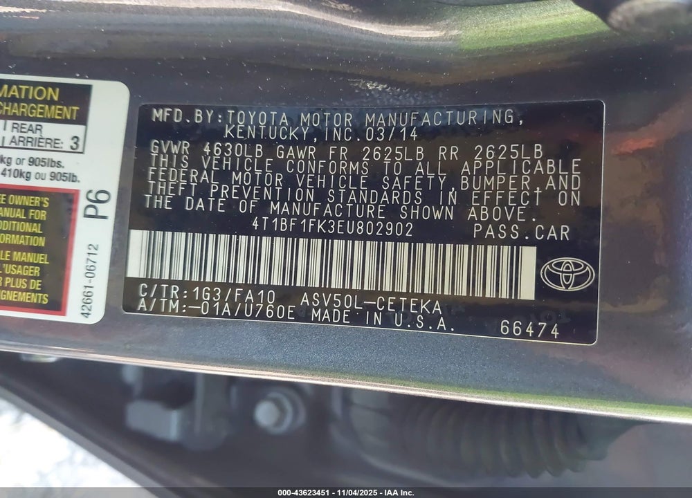 2014 TOYOTA CAMRY L VIN: 4T1BF1FK3EU802902