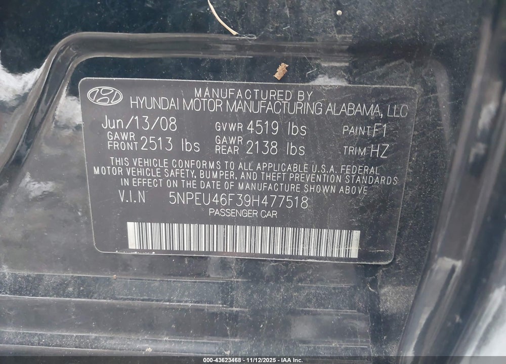2009 HYUNDAI SONATA VIN: 5NPEU46F39H477518