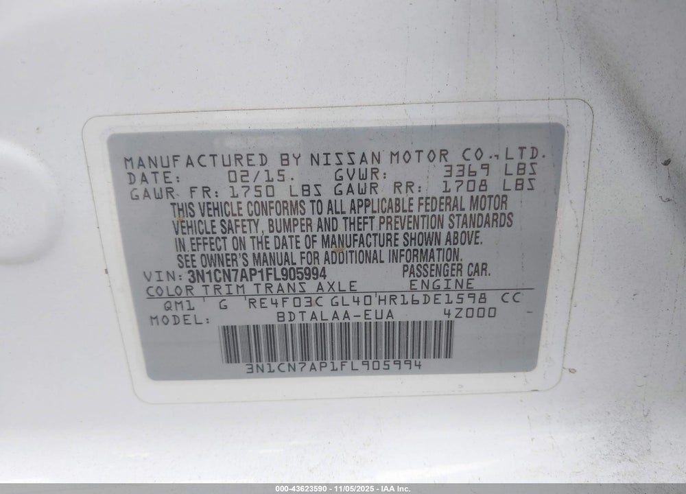 2015 NISSAN VERSA 1.6 S+ VIN: 3N1CN7AP1FL905994
