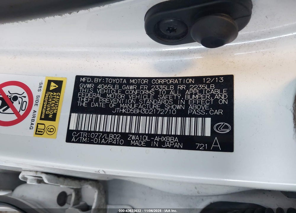 2013 LEXUS CT 200H VIN: JTHKD5BH3D2172710