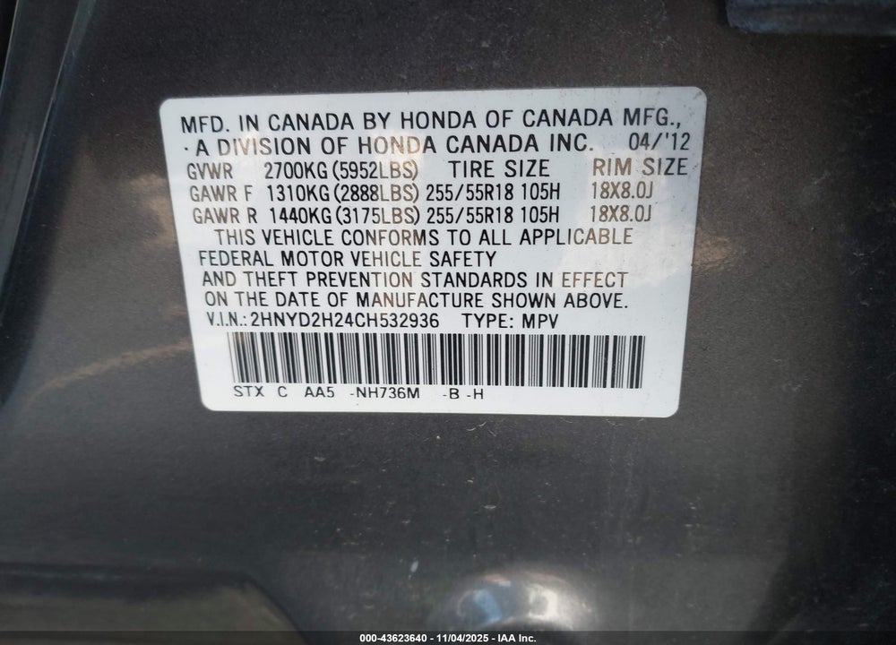 2012 ACURA MDX VIN: 2HNYD2H24CH532936