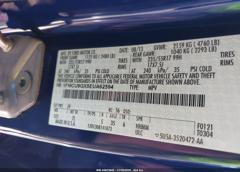 2014 FORD ESCAPE SE VIN: 1FMCU9GX5EUA62594