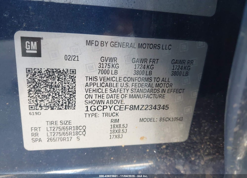 2021 CHEVROLET SILVERADO 1500 VIN: 1GCPYCEF8MZ234345