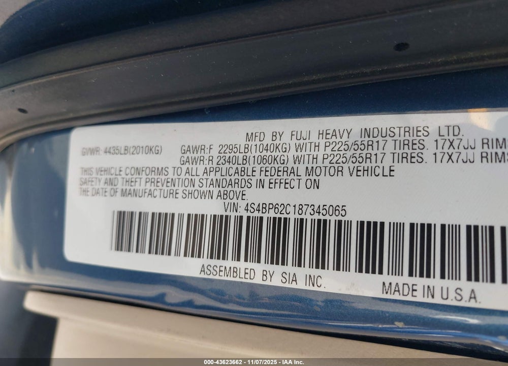 2008 SUBARU OUTBACK VIN: 4S4BP62C187345065