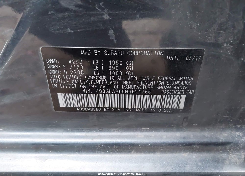 2017 SUBARU IMPREZA 2.0I PREMIUM VIN: 4S3GKAB60H3621765
