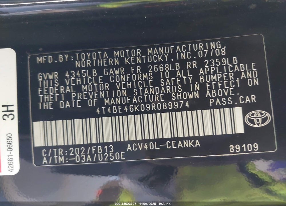 2009 TOYOTA CAMRY VIN: 4T4BE46K09R089974