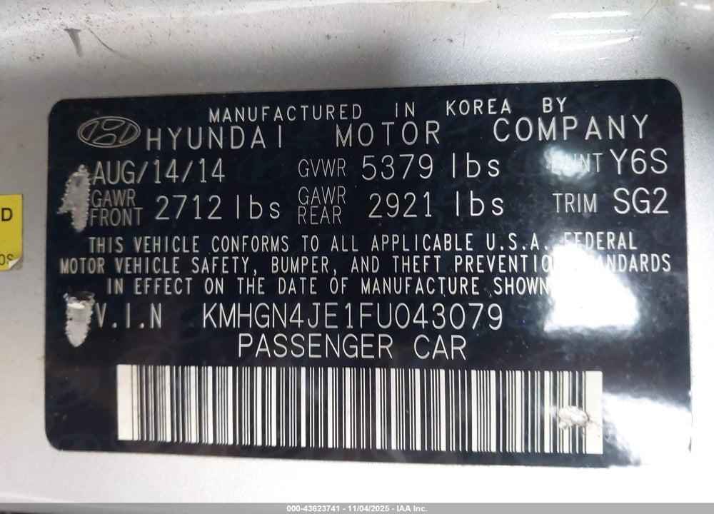2015 HYUNDAI GENESIS 3.8 VIN: KMHGN4JE1FU043079