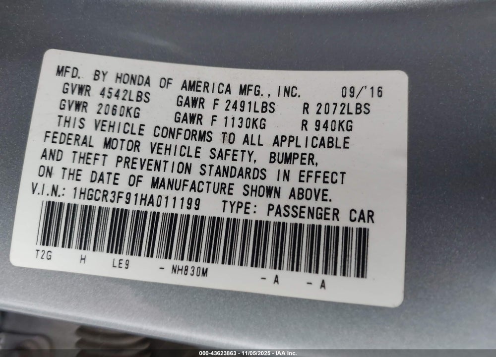 2017 HONDA ACCORD VIN: 1HGCR3F91HA011199