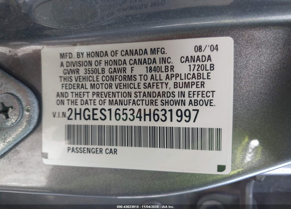 2004 HONDA CIVIC LX VIN: 2HGES16534H631997