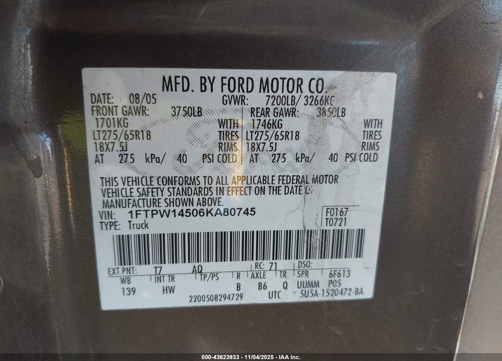 2006 FORD F-150 FX4/LARIAT/XLT VIN: 1FTPW14506KA80745