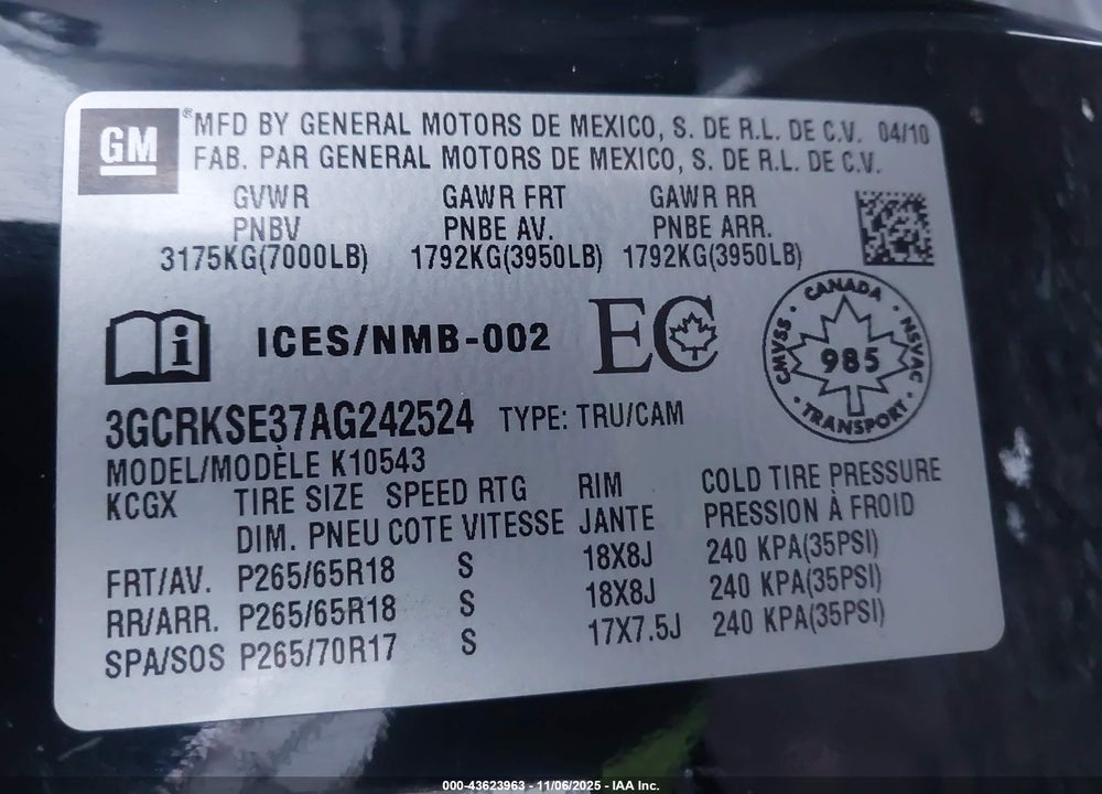 2010 CHEVROLET SILVERADO 1500 LT VIN: 3GCRKSE37AG242524