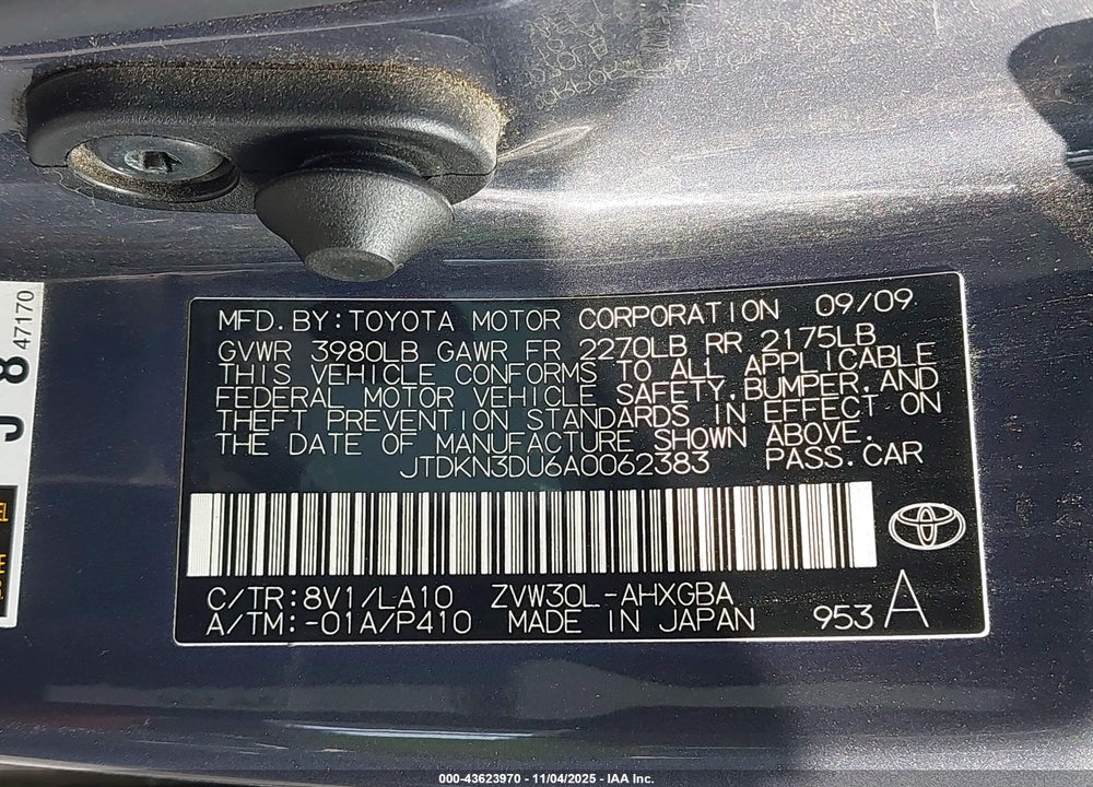 2010 TOYOTA PRIUS IV VIN: JTDKN3DU6A0062383