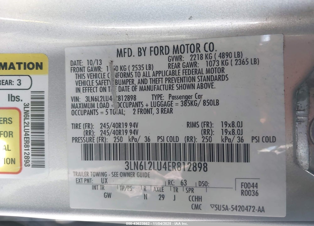 2014 LINCOLN MKZ HYBRID VIN: 3LN6L2LU4ER812898