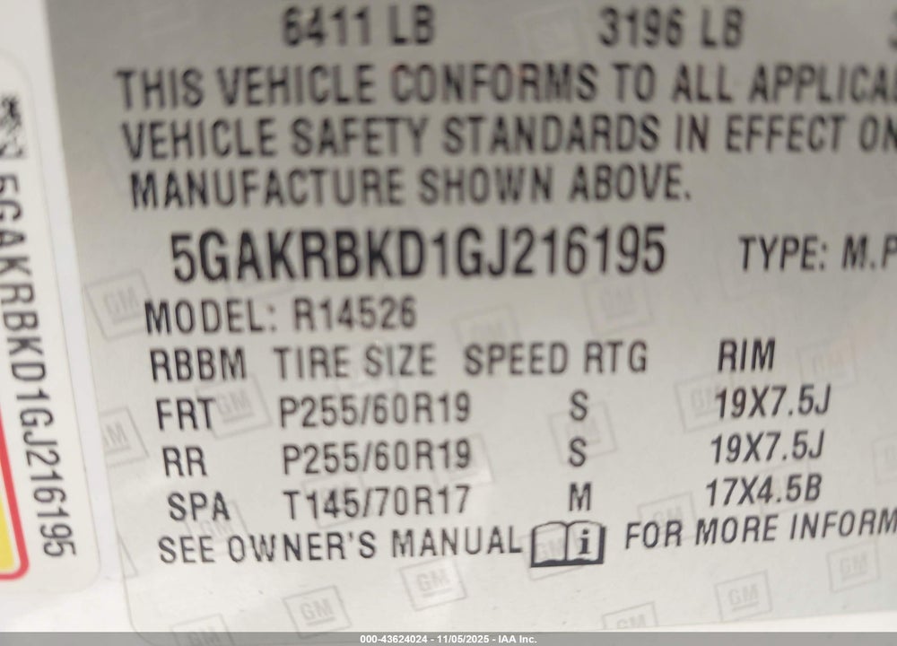 2016 BUICK ENCLAVE LEATHER VIN: 5GAKRBKD1GJ216195