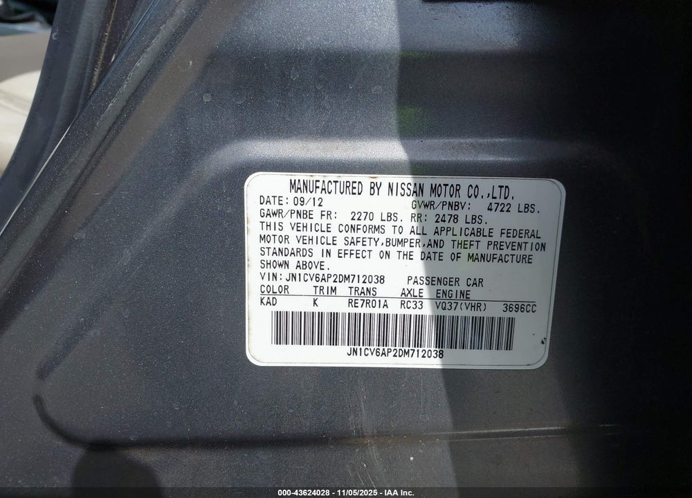 2013 INFINITI G37 JOURNEY VIN: JN1CV6AP2DM712038