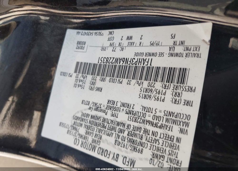 2010 FORD FOCUS SE VIN: 1FAHP3FN6AW228351