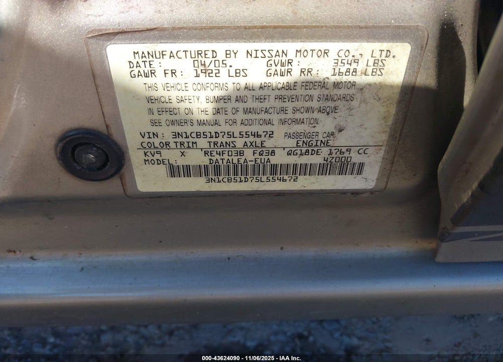 2005 NISSAN SENTRA 1.8S VIN: 3N1CB51D75L554672