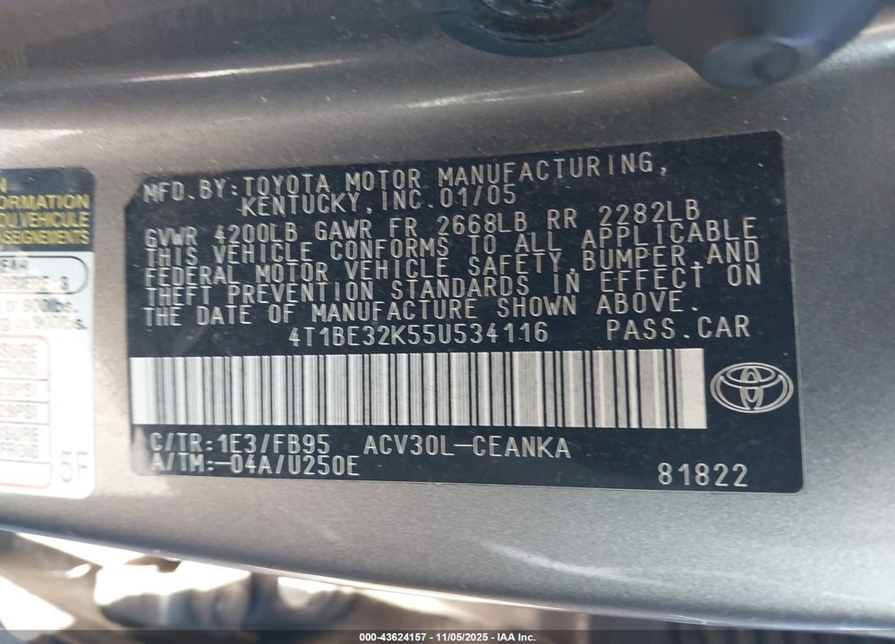 2005 TOYOTA CAMRY LE VIN: 4T1BE32K55U534116