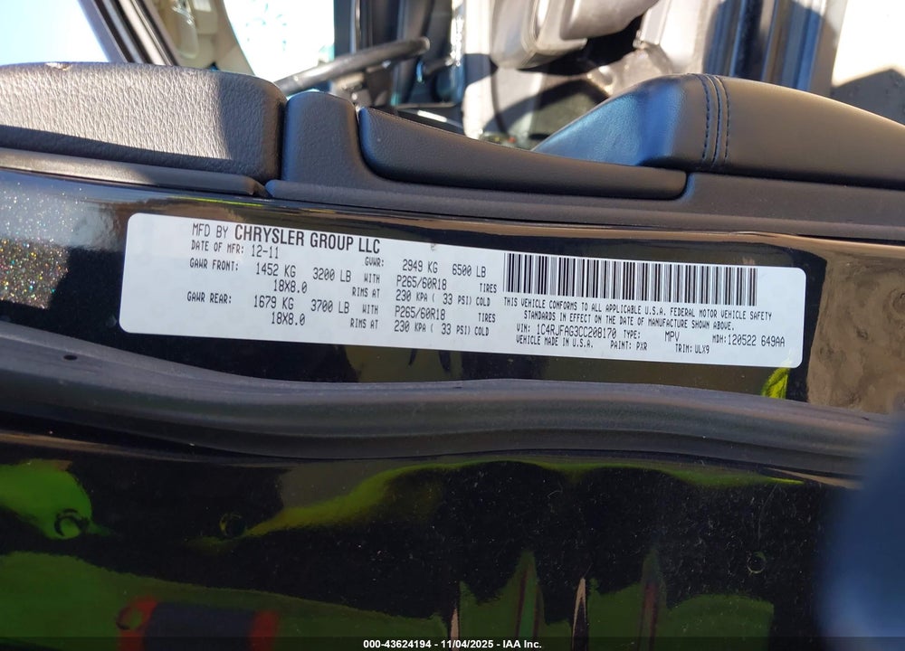 2012 JEEP GRAND CHEROKEE LAREDO VIN: 1C4RJFAG3CC208170