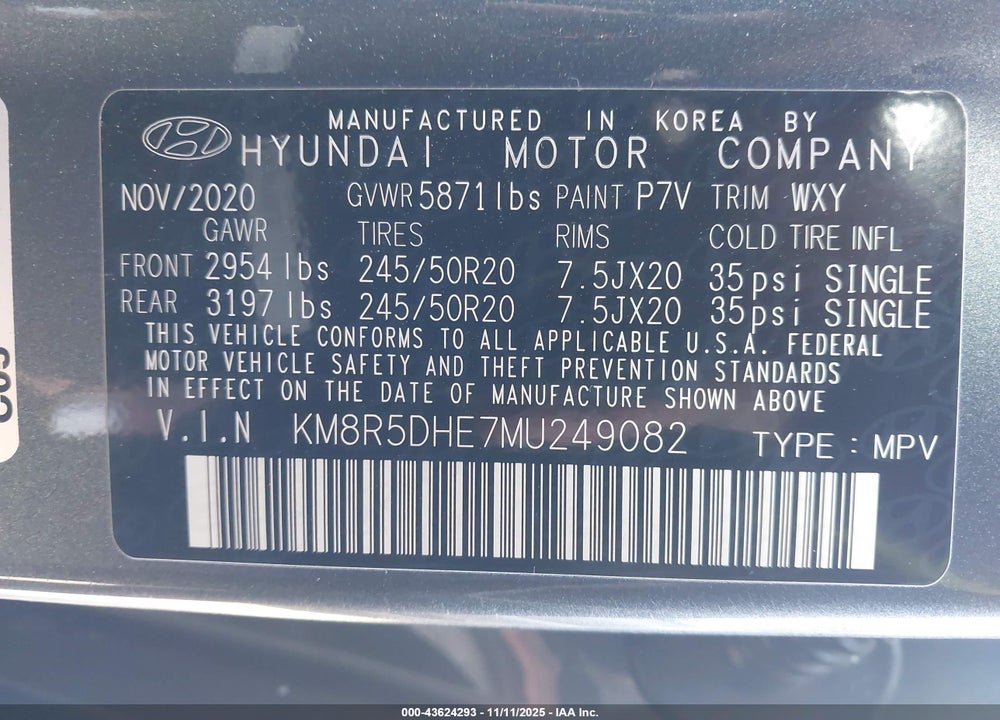 2021 HYUNDAI PALISADE VIN: KM8R5DHE7MU249082