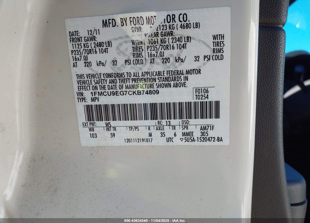 2012 FORD ESCAPE LIMITED VIN: 1FMCU9EG7CKB74809