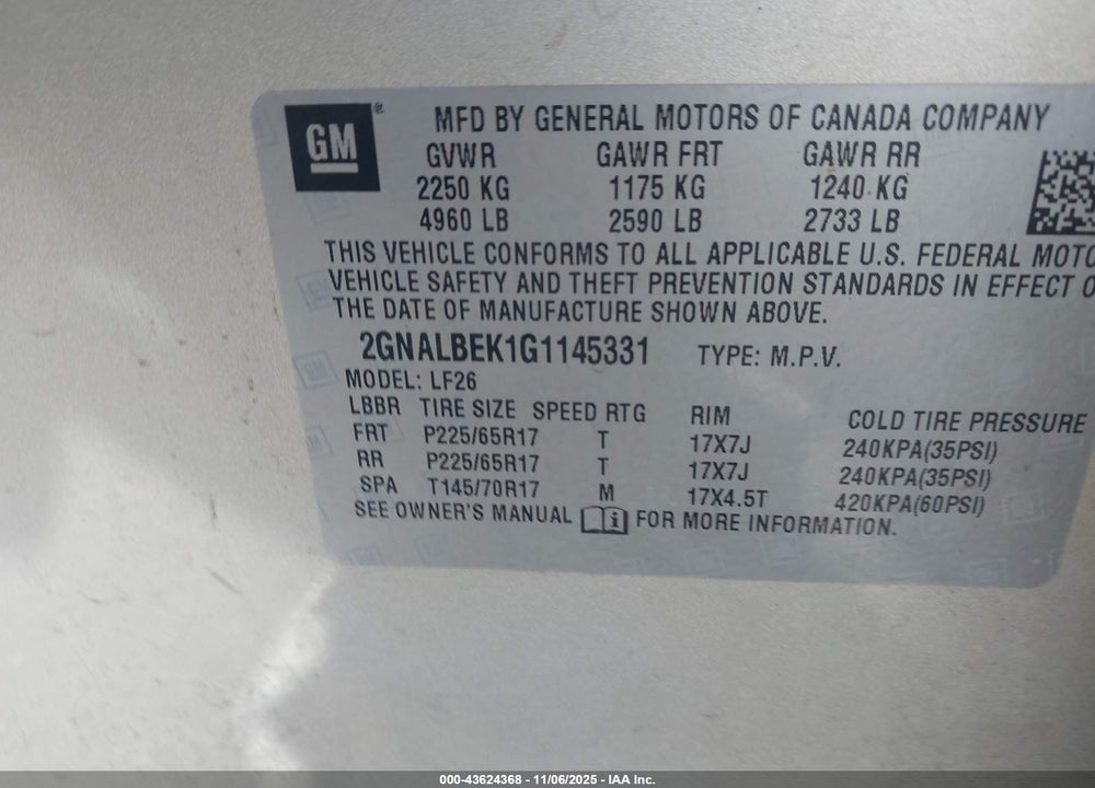 2016 CHEVROLET EQUINOX VIN: 2GNALBEK1G1145331