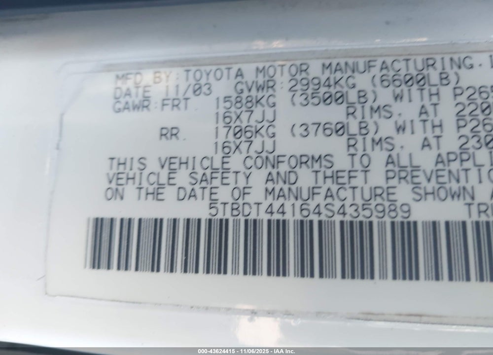 2004 TOYOTA TUNDRA SR5 V8 VIN: 5TBDT44164S435989