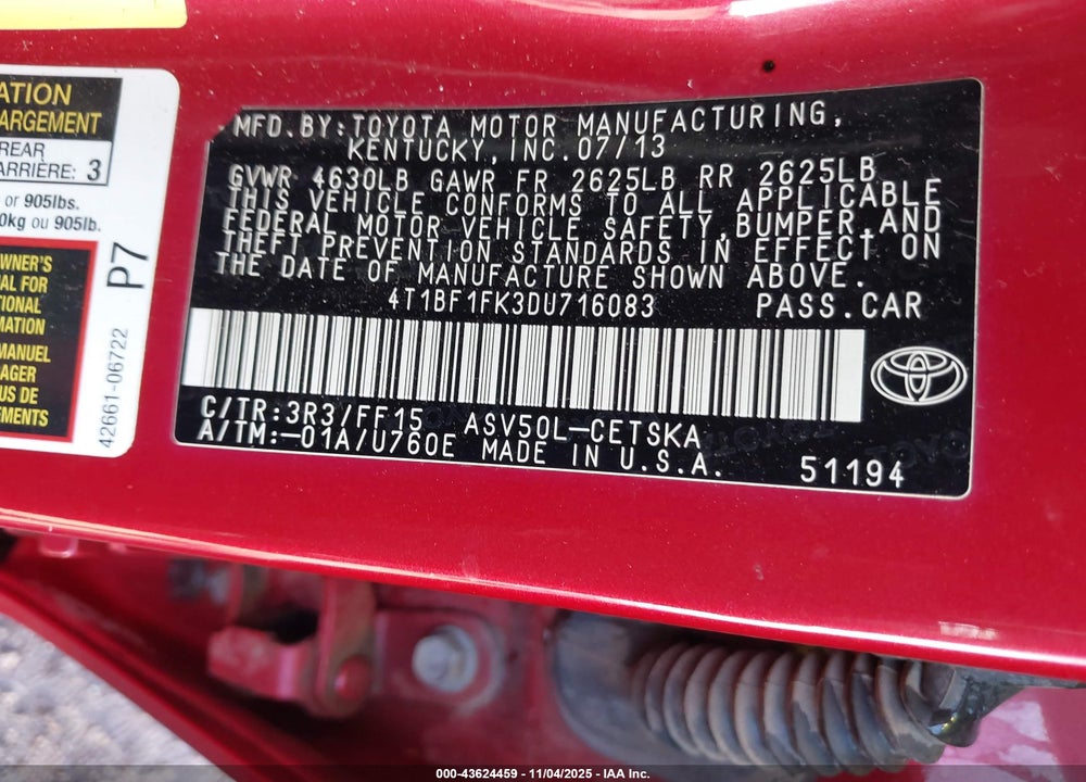 2013 TOYOTA CAMRY SE VIN: 4T1BF1FK3DU716083