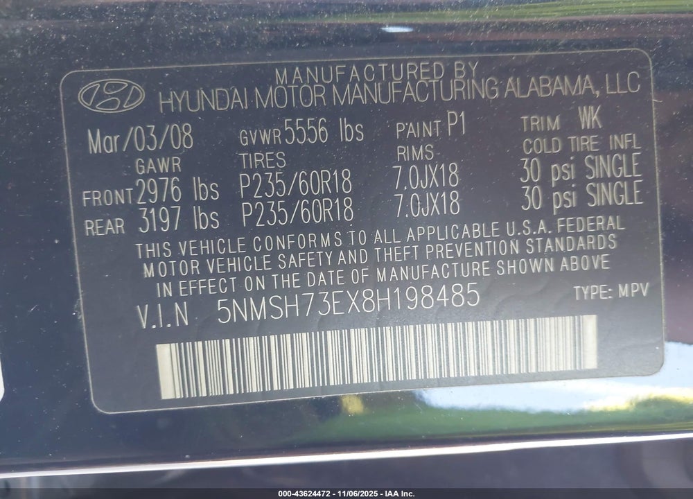 2008 HYUNDAI SANTA FE LIMITED/SE VIN: 5NMSH73EX8H198485