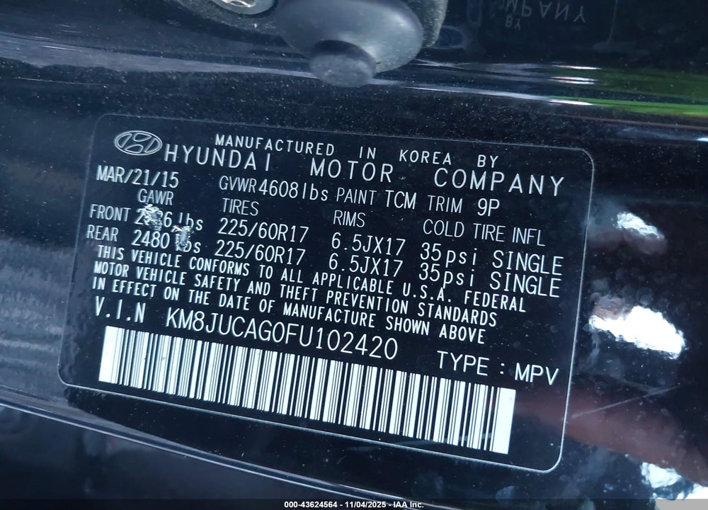 2015 HYUNDAI TUCSON SE VIN: KM8JUCAG0FU102420