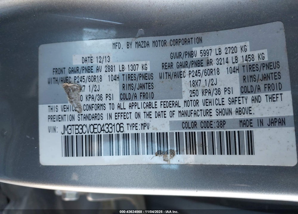 2014 MAZDA CX-9 TOURING VIN: JM3TB3CV0E0433106