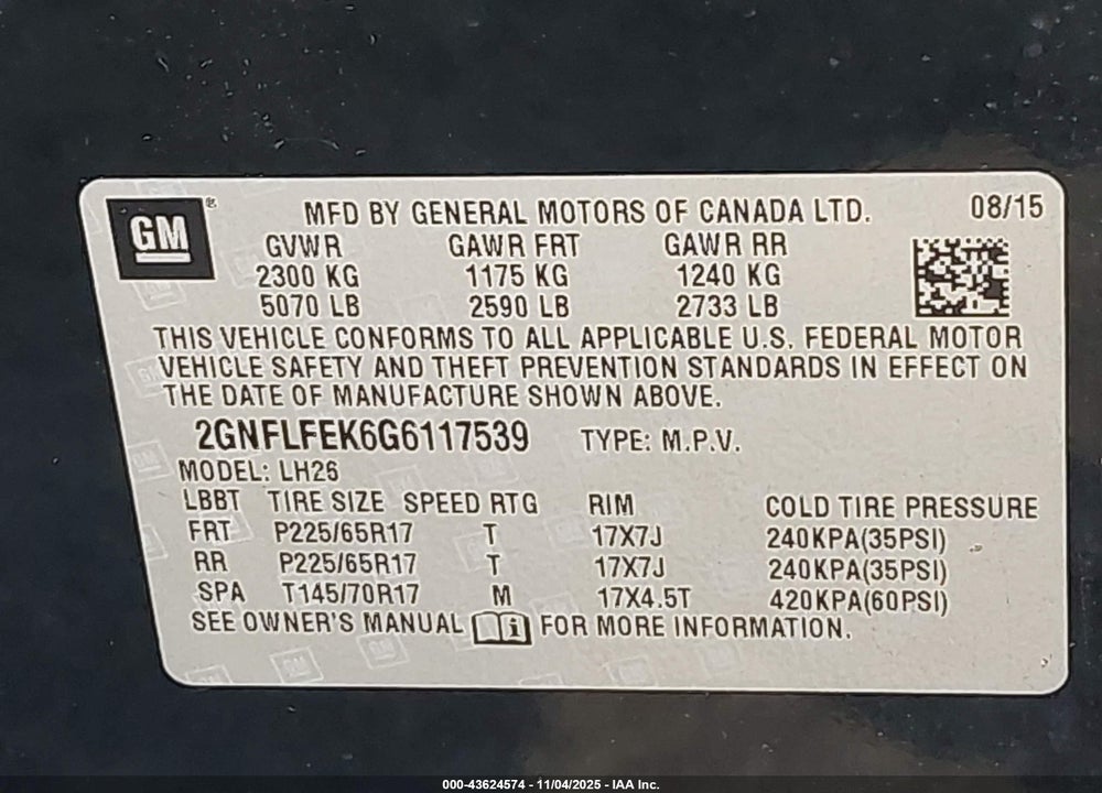 2016 CHEVROLET EQUINOX LT VIN: 2GNFLFEK6G6117539