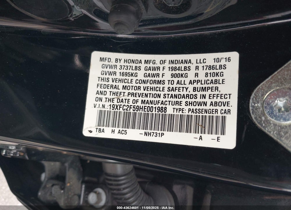 2017 HONDA CIVIC LX VIN: 19XFC2F59HE001988