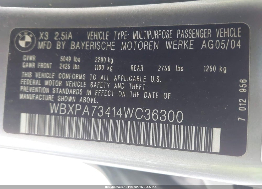 2004 BMW X3 2.5I VIN: WBXPA73414WC36300