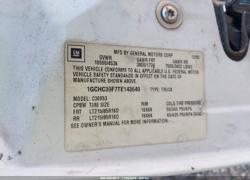 1996 CHEVROLET GMT-400 C3500 VIN: 1GCHC39F7TE143649