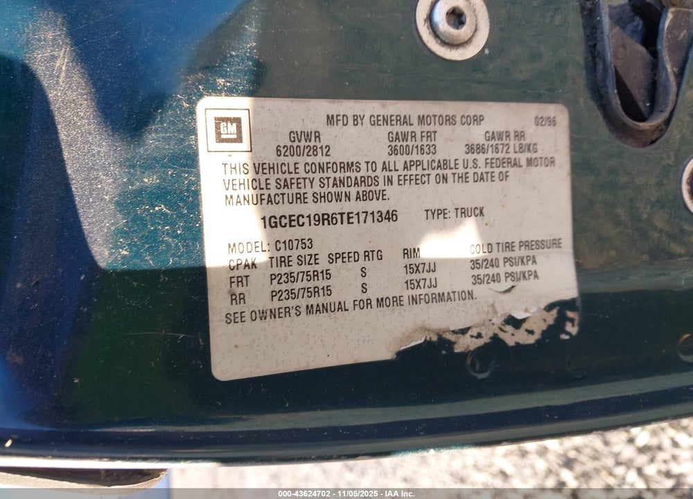 1996 CHEVROLET GMT-400 C1500 VIN: 1GCEC19R6TE171346