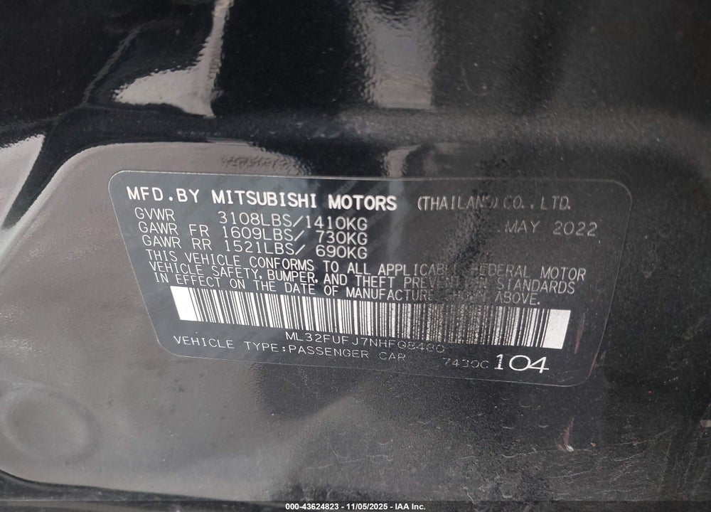 2022 MITSUBISHI MIRAGE G4 BLACK EDITION/ES/LE VIN: ML32FUFJ7NHF08480