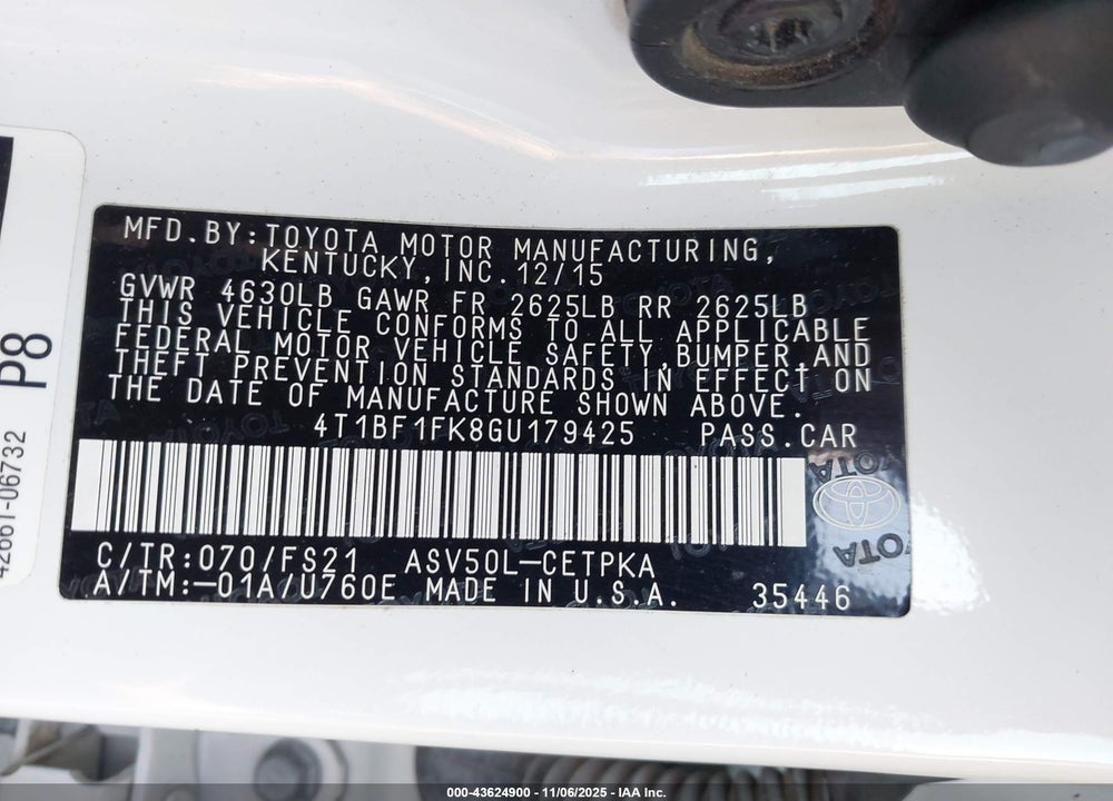 2016 TOYOTA CAMRY VIN: 4T1BF1FK8GU179425