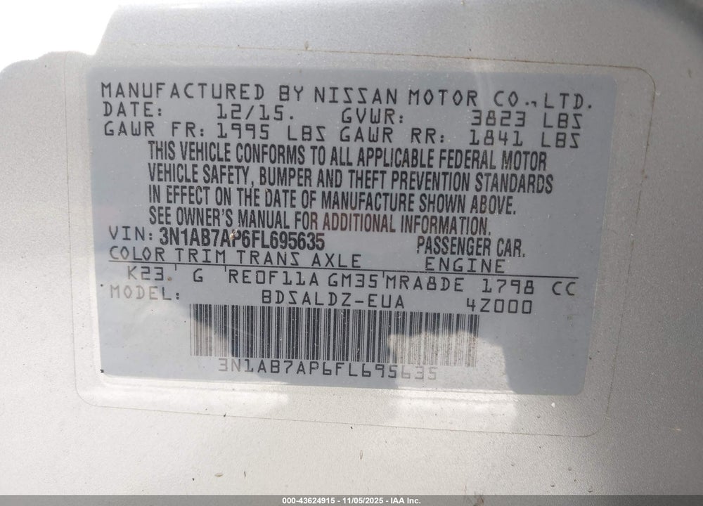 2015 NISSAN SENTRA SV VIN: 3N1AB7AP6FL695635