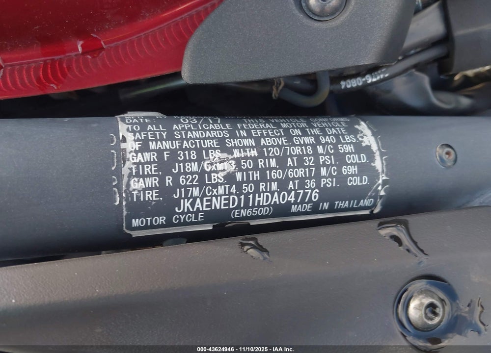 2017 KAWASAKI EN650 D VIN: JKAENED11HDA04776